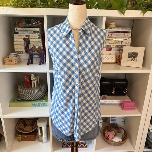 Vintage Talbots Linen Gingham Check Button Short Sleeve Blouse Top Blue Wms 8 - Picture 1 of 9